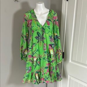 Banjanan Hilary Mini Dress Floral Green Vneck Long Sleeve Pockets Bird Sz XS